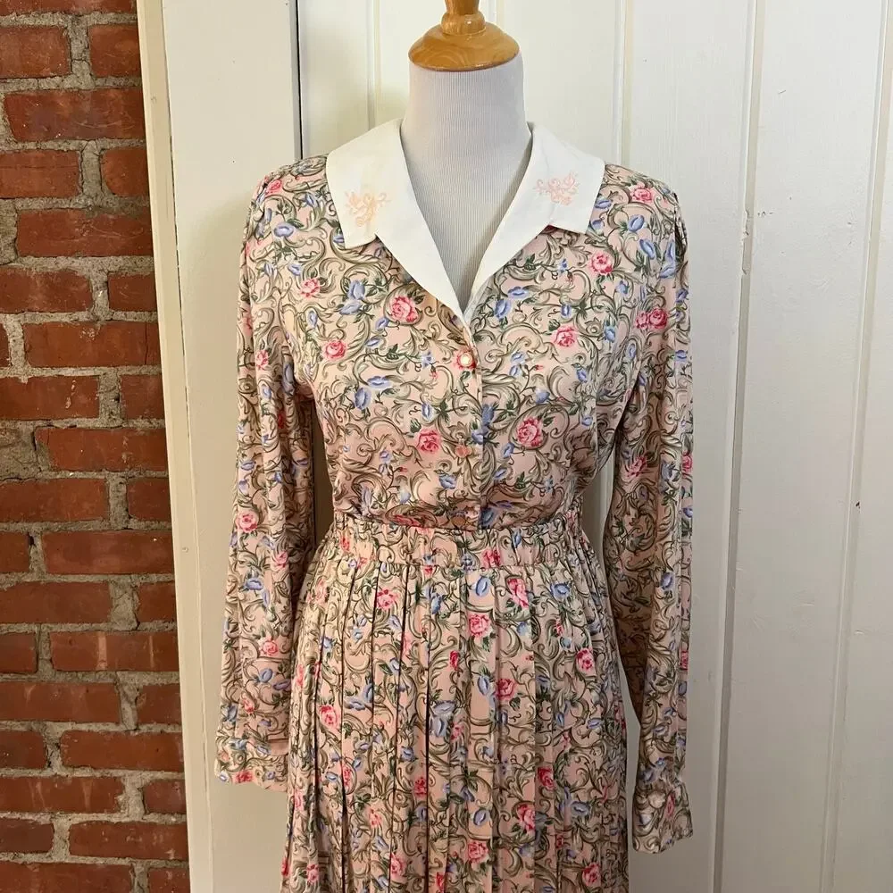 Vintage 90s Susan Bristol Floral Rayon Matching Skirt Blouse Set Pink USA 8